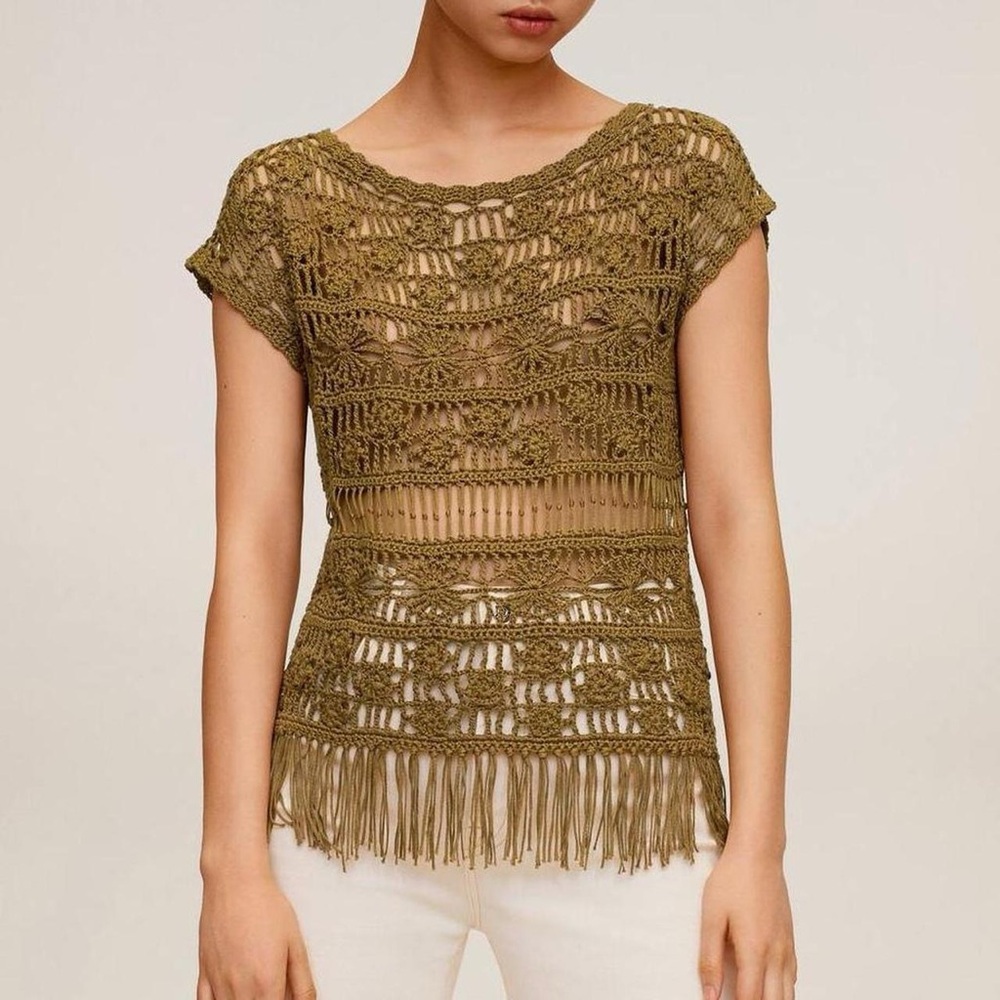 NWT Mango Handmade Crochet Fringe Top in Khaki Green - M